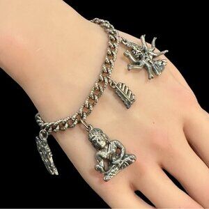 Vintage Silver-Tone Charm Bracelet With Buddha Dragon & Other Intricate Charms A